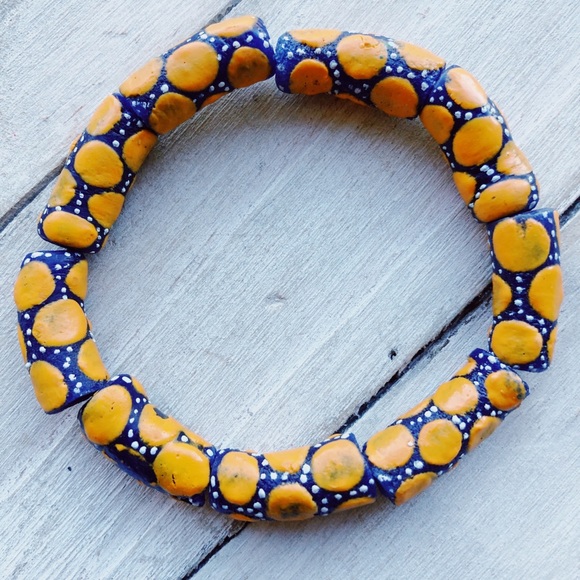 Jewelry - Cobalt Glass cylinder Krobo Bead Stretch Bracelet Jewelry - Cobalt Glass cylinder Krobo Bead Stretch Bracelet